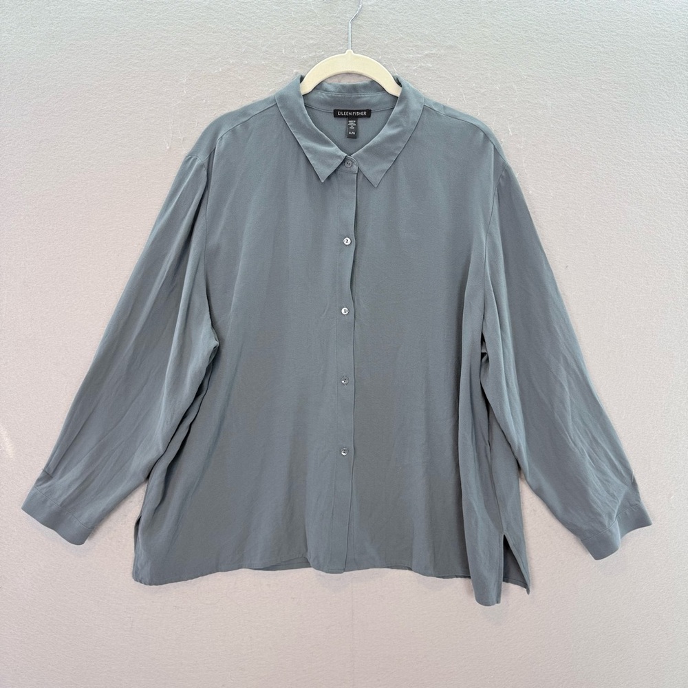 Eileen Fisher -women’s 100% silk crepe button down shirt blue long sleeve top XL - Picture 2 of 5